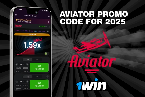the inscription Aviator Promo Code for 2025, the Aviator game logo, and the 1win casino logo