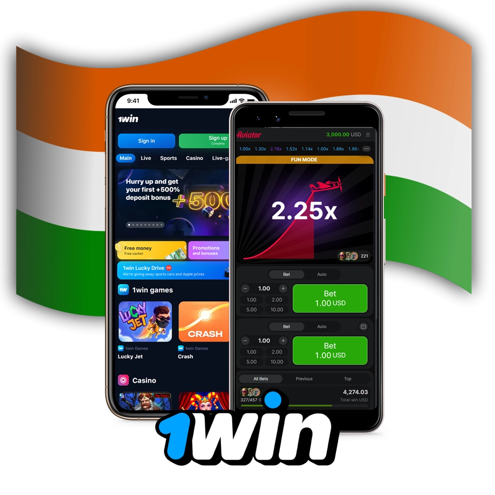 against the background of the Indian flag, phone screens with the 1win website interface