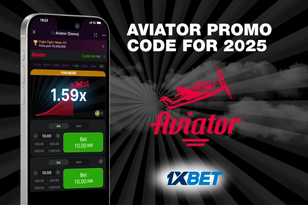 
Aviator Promo Code for 2025 inscription, Aviator game logo and 1xBET logo
