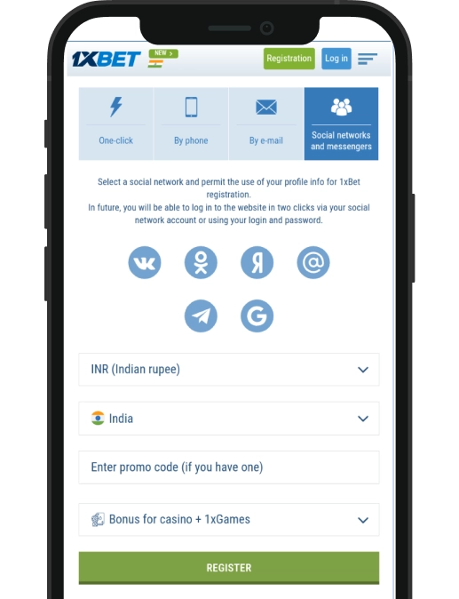 On the phone screen, the registration form on the 1xBetwebsite