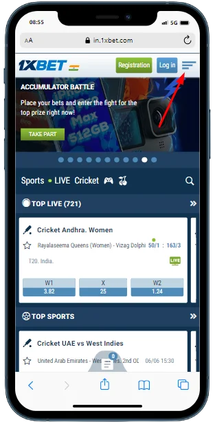 A cell phone with a home page and navigation of the 1xbet casino