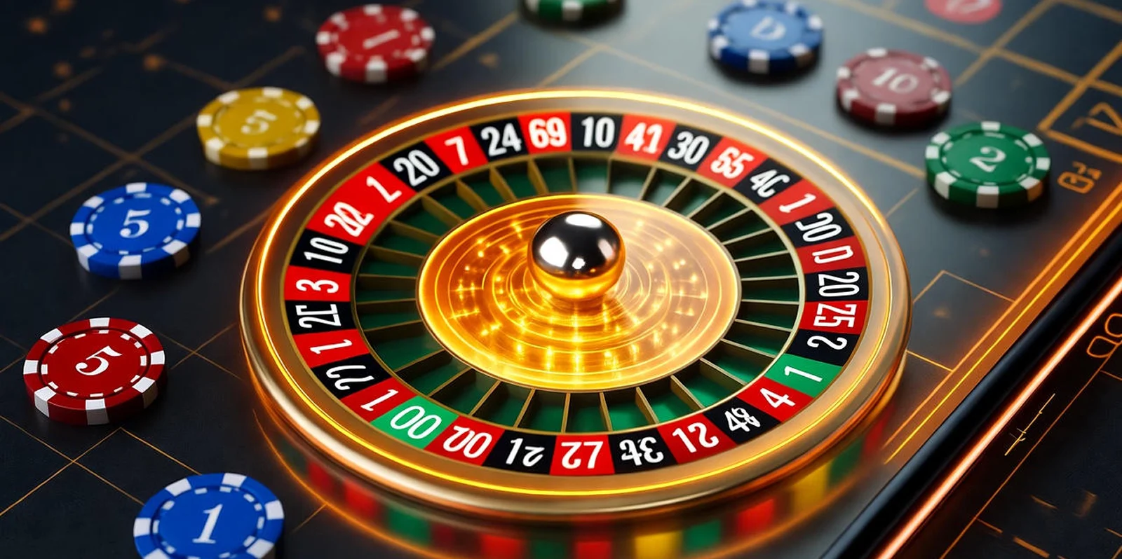 An online roulette wheel spinning with colorful chips on table