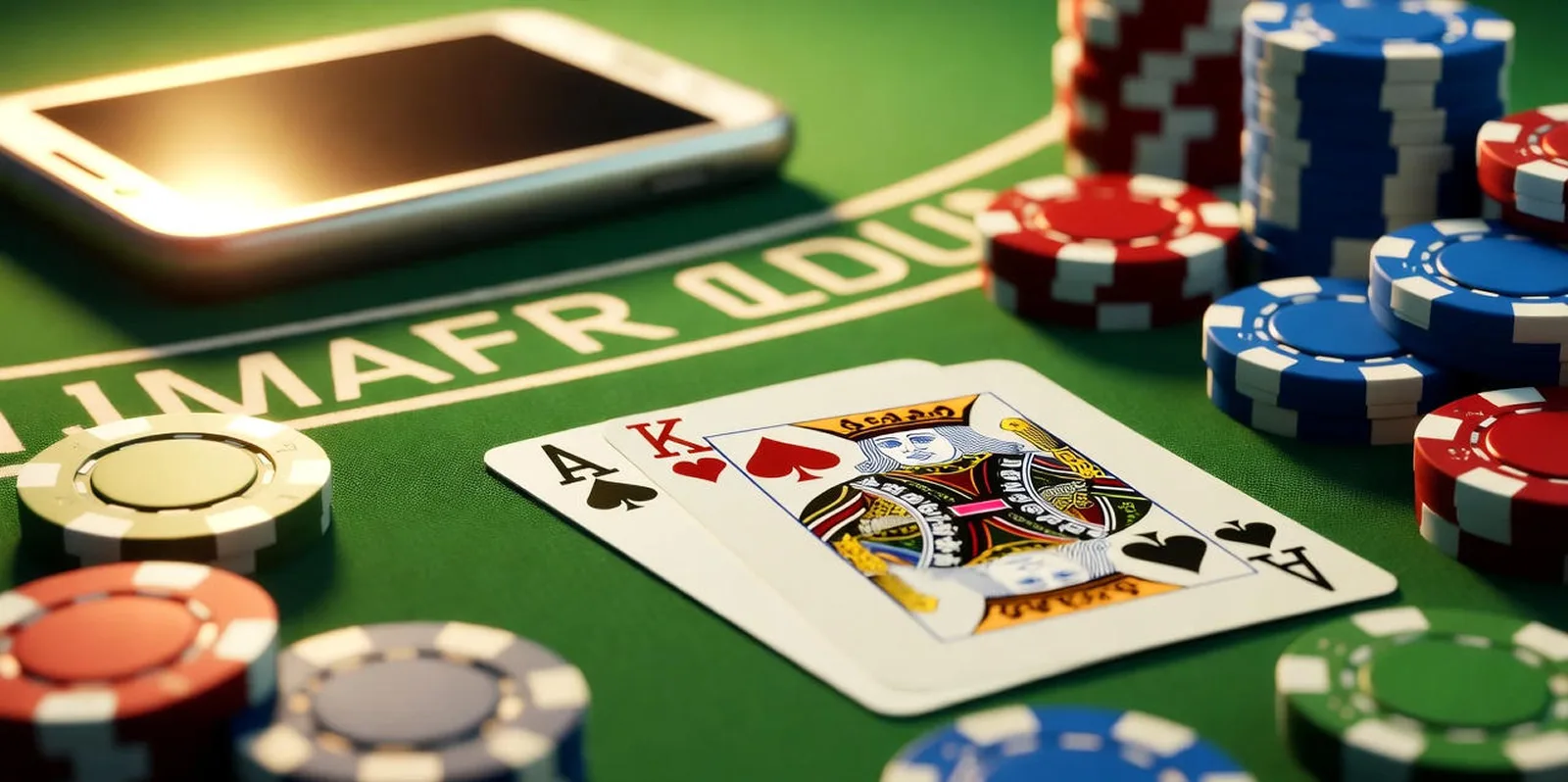 Blackjack table with ace and king cards, poker chips, and smartphone
