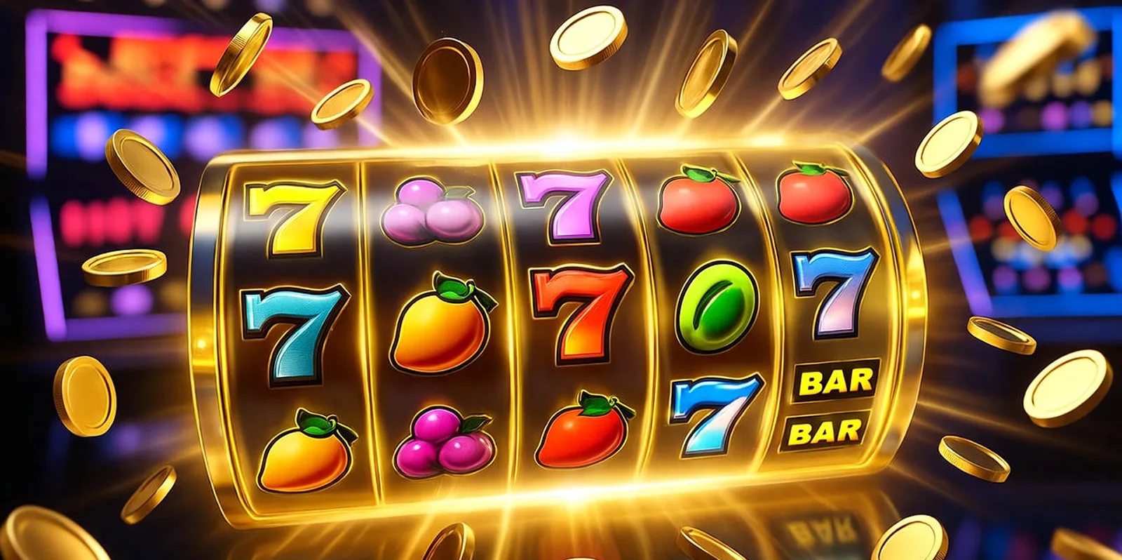 Golden online slot machine with sevens, fruits, and coins