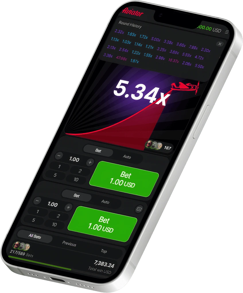 Smartphone screen showing the Aviator online crash game interface with a rising red airplane line and betting panels.