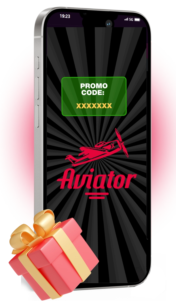 on the phone screen, a promo code and the Aviator game logo