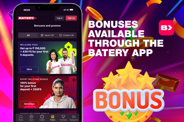 on the phone screen, the page with the bonuses of the Batery website, next to it is the inscription Bonuses Available Through the Batery App