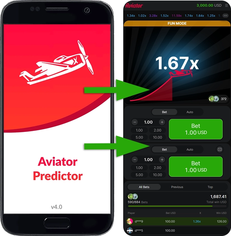 on the phone screen the interface of the aviatorpredict website, two arrows will point to the interface of the Aviator game