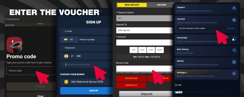 The fields for entering the promo code in screenshots of various casinos are marked with arrows.