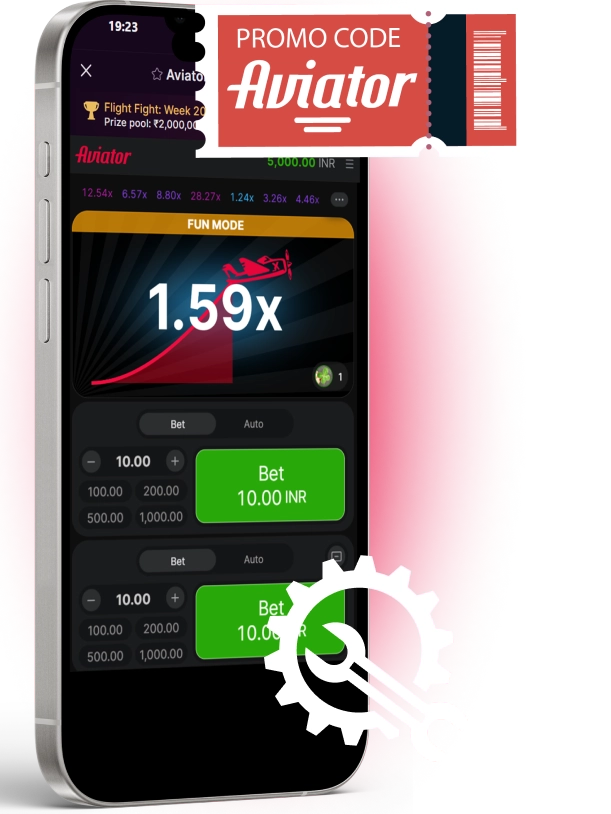 on the phone screen, a promo code and the Aviator game logo and the Repair icon