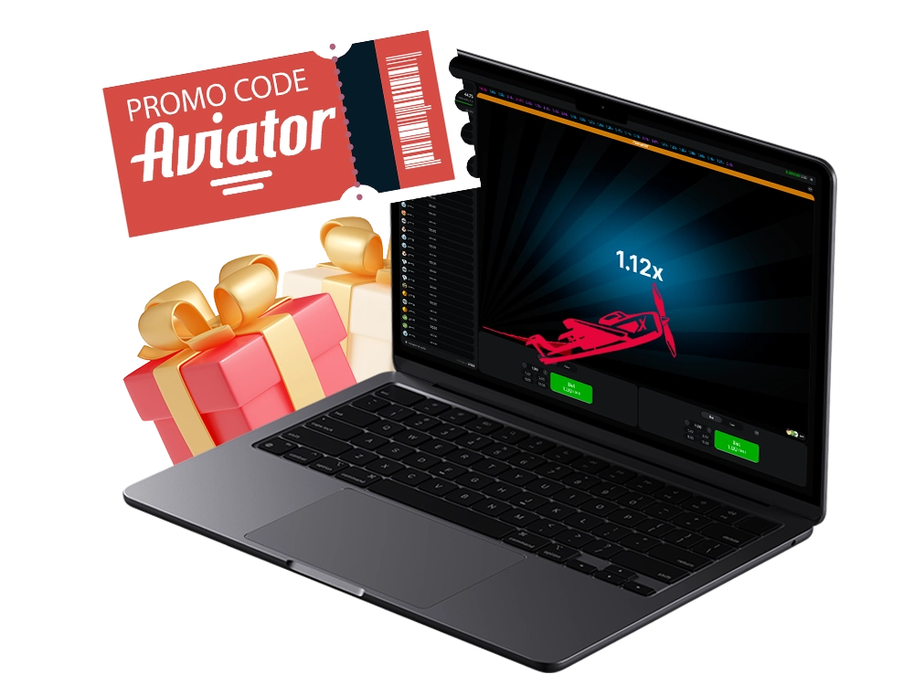 Laptop with Aviator game interface, promo code image, gift image