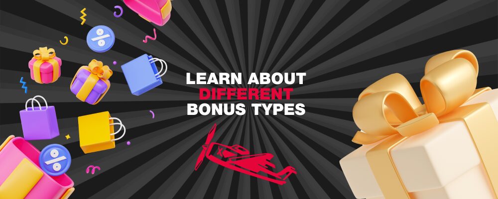 The inscription "Learn About Different Bonus Types", the Aviator game logo and images of the sub-games