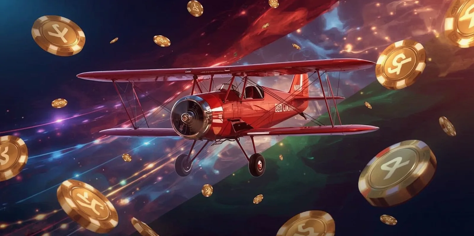 Red Aviator plane flying through glowing coins, symbolizing instant cashouts in the game