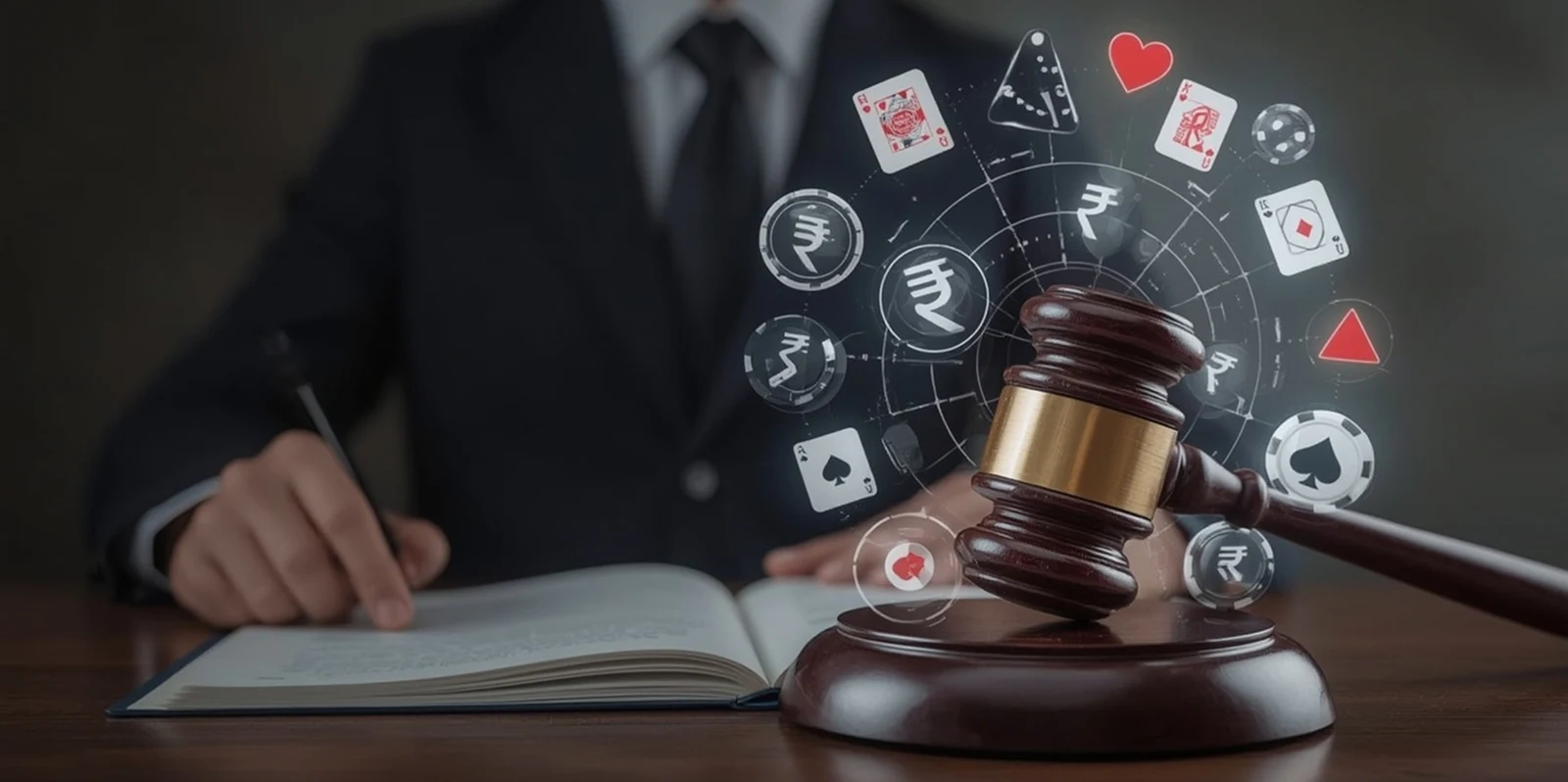 Judge’s gavel beside open book symbolizing gambling laws and online casino regulations in India