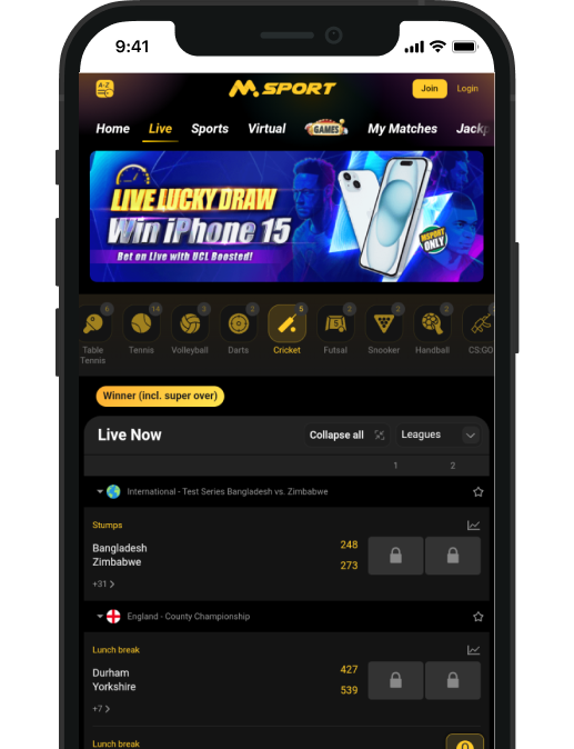 MSport home page on phone screen
