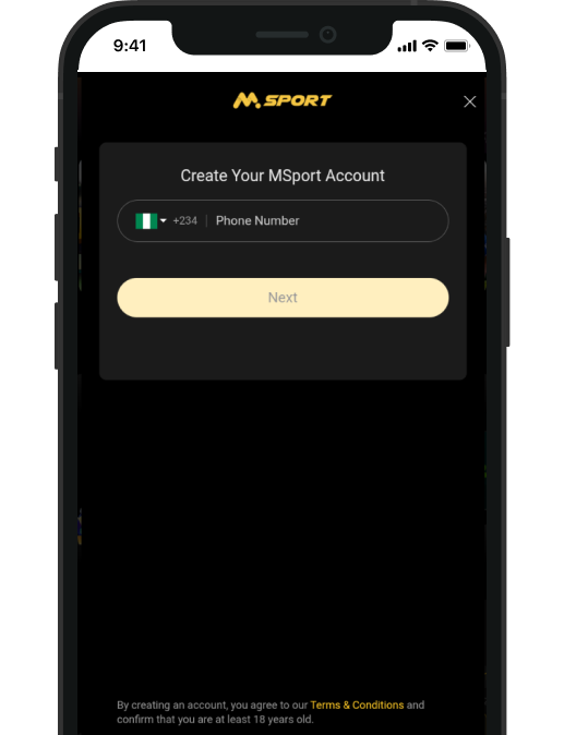 On the phone screen, the registration form on the Msport website