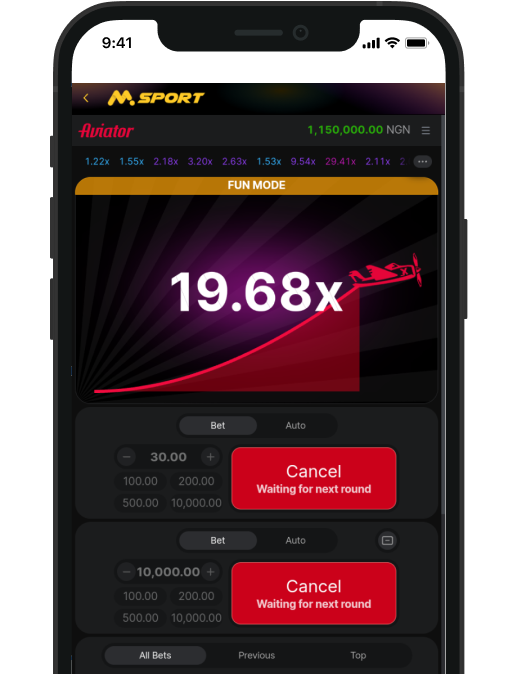 The Aviator game interface on the MSport website on the phone screen