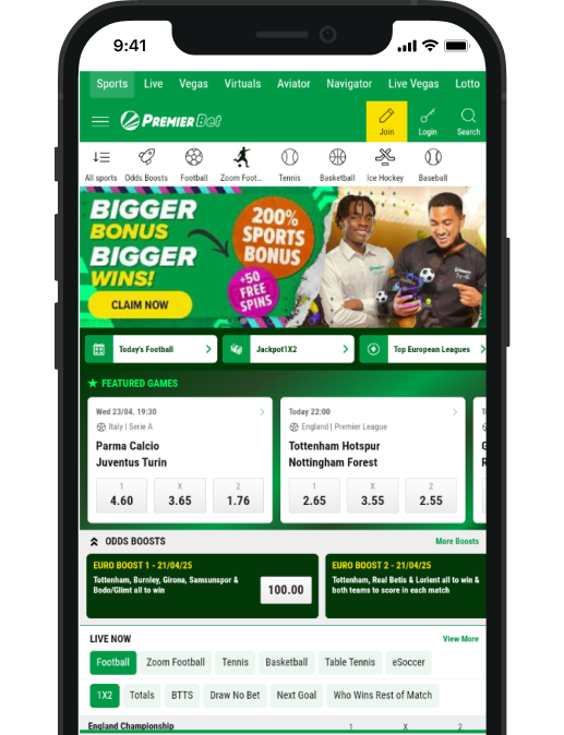 Premier Bet home page on phone screen