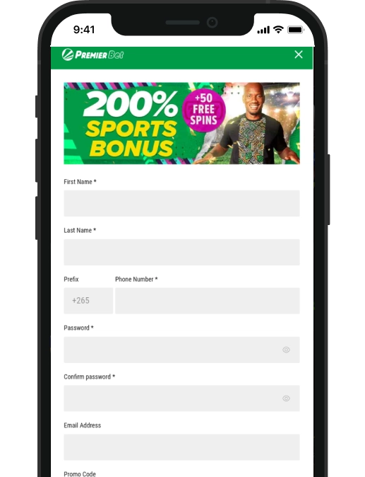 On the phone screen, the registration form on the Premier Bet website