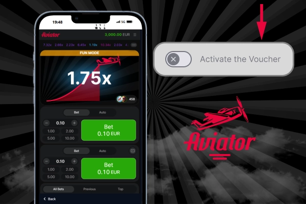 On the phone screen is the Aviator game, next to it is a button with the inscription Activate the Voucher and the Aviator game logo