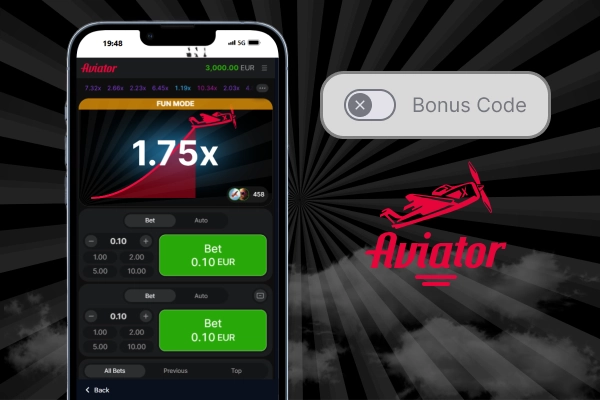 Phone screen with Aviator game and inactive Bonus Code button on dark background