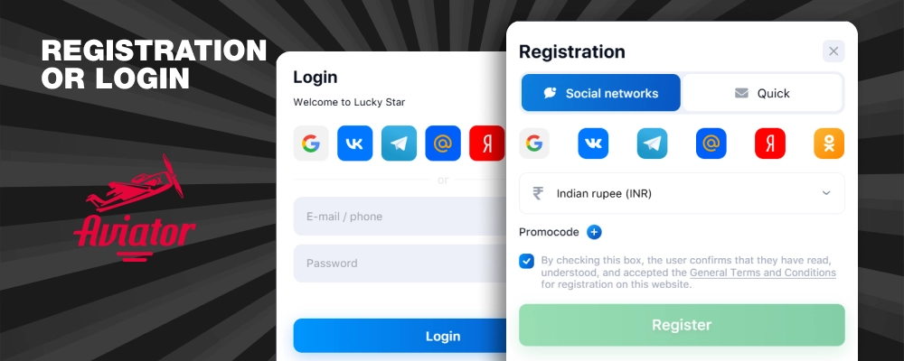The inscription "registration or login", the logo of the game Aviator and the forms for logging in and registering in the casino