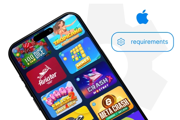 phone with mostbet home screen image, ios logo included

