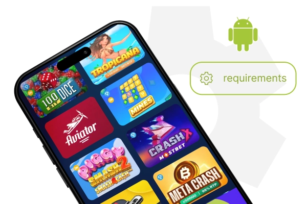 phone with the image of the mostbet home screen, get the Android logo