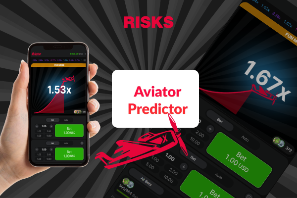 inscription "Risks", hand holding phone, Aviator game on screen