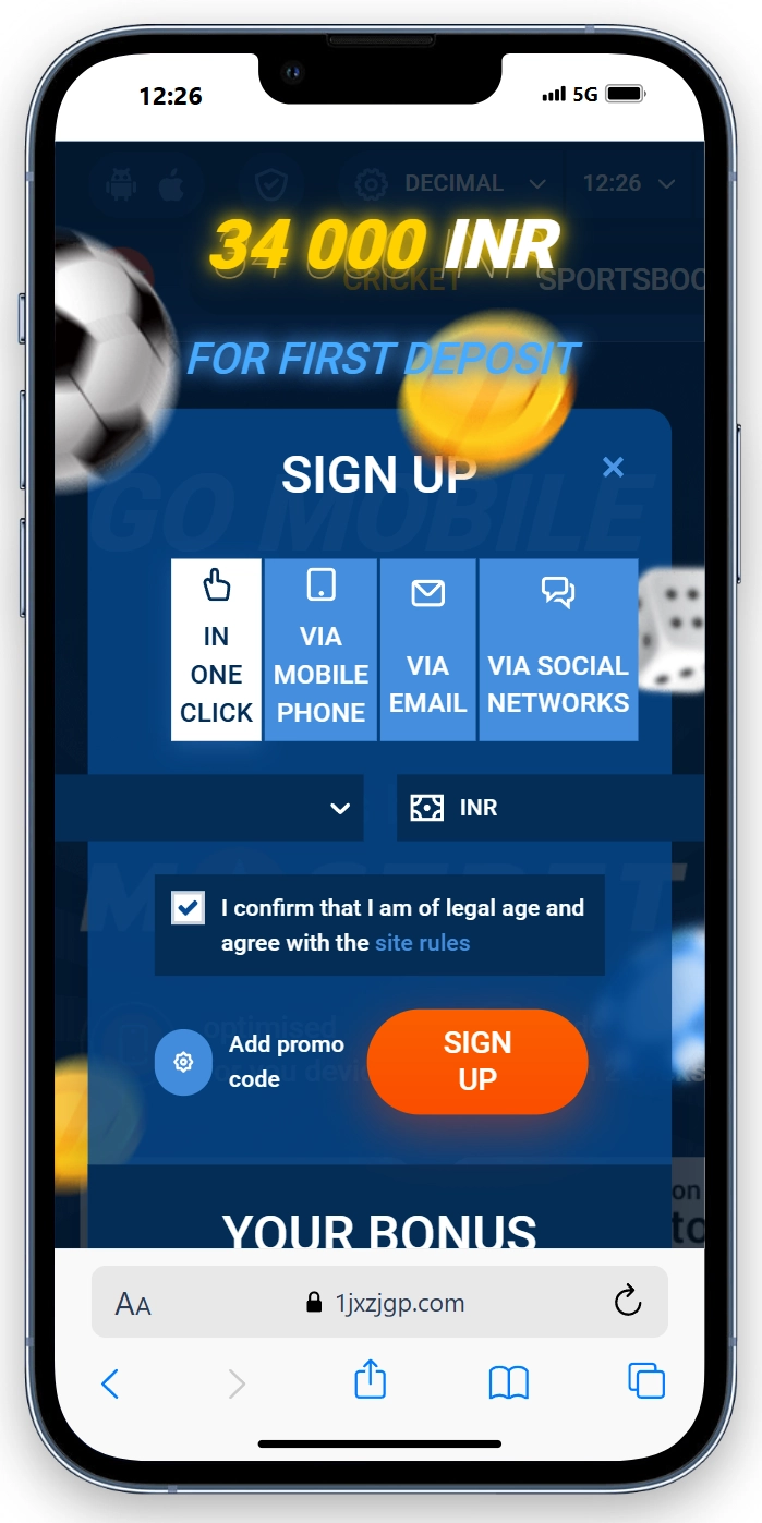 phone screen with the mostbet website. On the screen is the registration form on the website