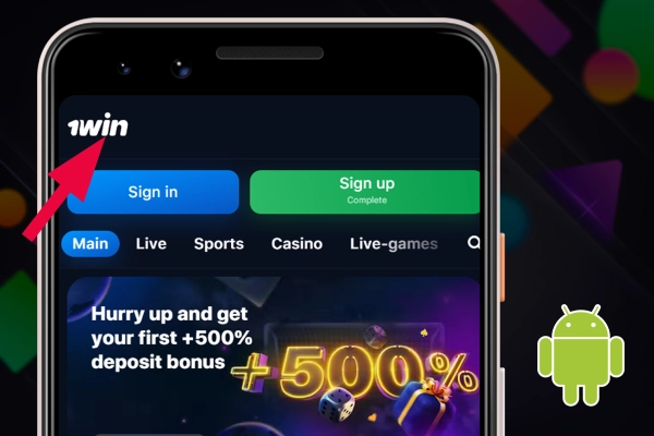 on the phone screen the main page of the 1Win site, the arrow points to the main page