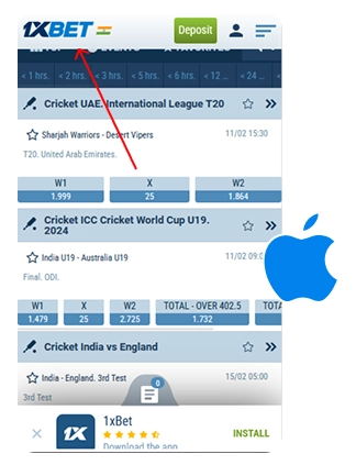 iPhone screen with 1xBET homepage