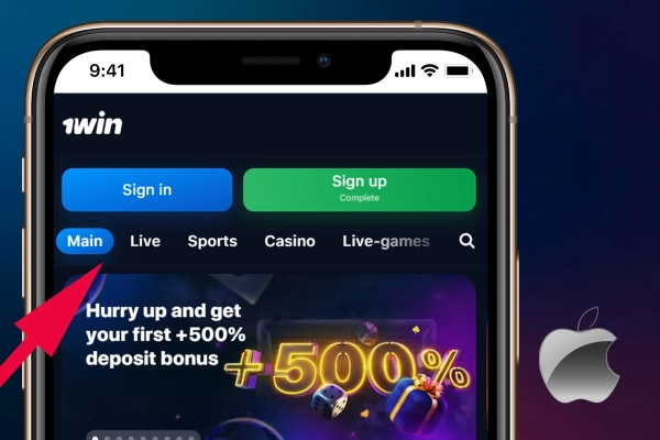 the arrow points to the home page of the 1win website on the phone screen, next to the iOS logo