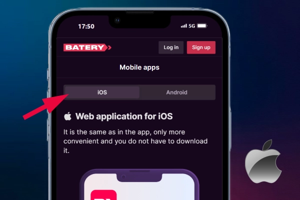 The arrow indicates where on the site you can download the iOS application.