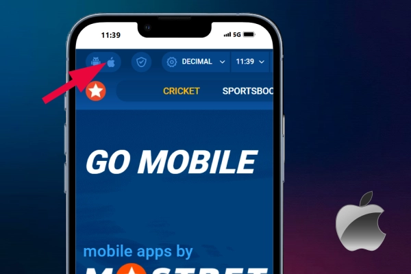 The red arrow points to the mostbet iOS website icon on the phone