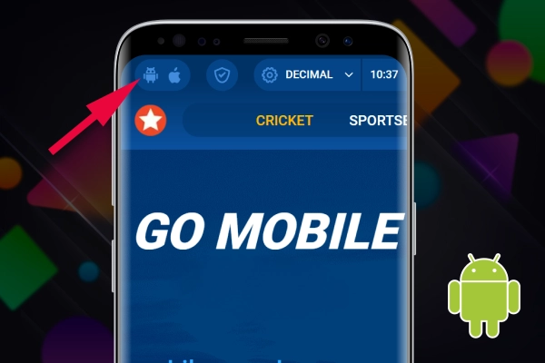 the arrow points to the android icon in the mostbet interface on the phone screen
