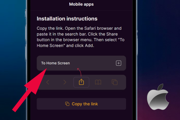 The arrow points to the phone screen, which shows instructions for installing the iOS app