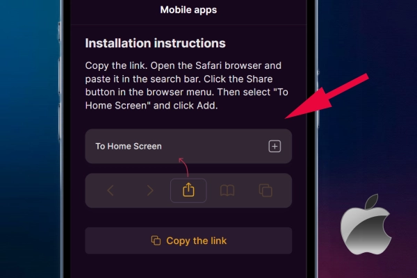 The arrow points to the phone screen, which shows instructions for installing the iOS app