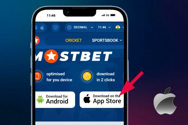 The red arrow points to the APP download button for iOS on the mostbet website
