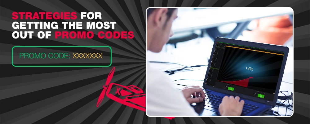 The inscription "Strategies for Getting the Most Out of Promo Codes", the logo of the game Aviator and an image of a man working on a laptop
