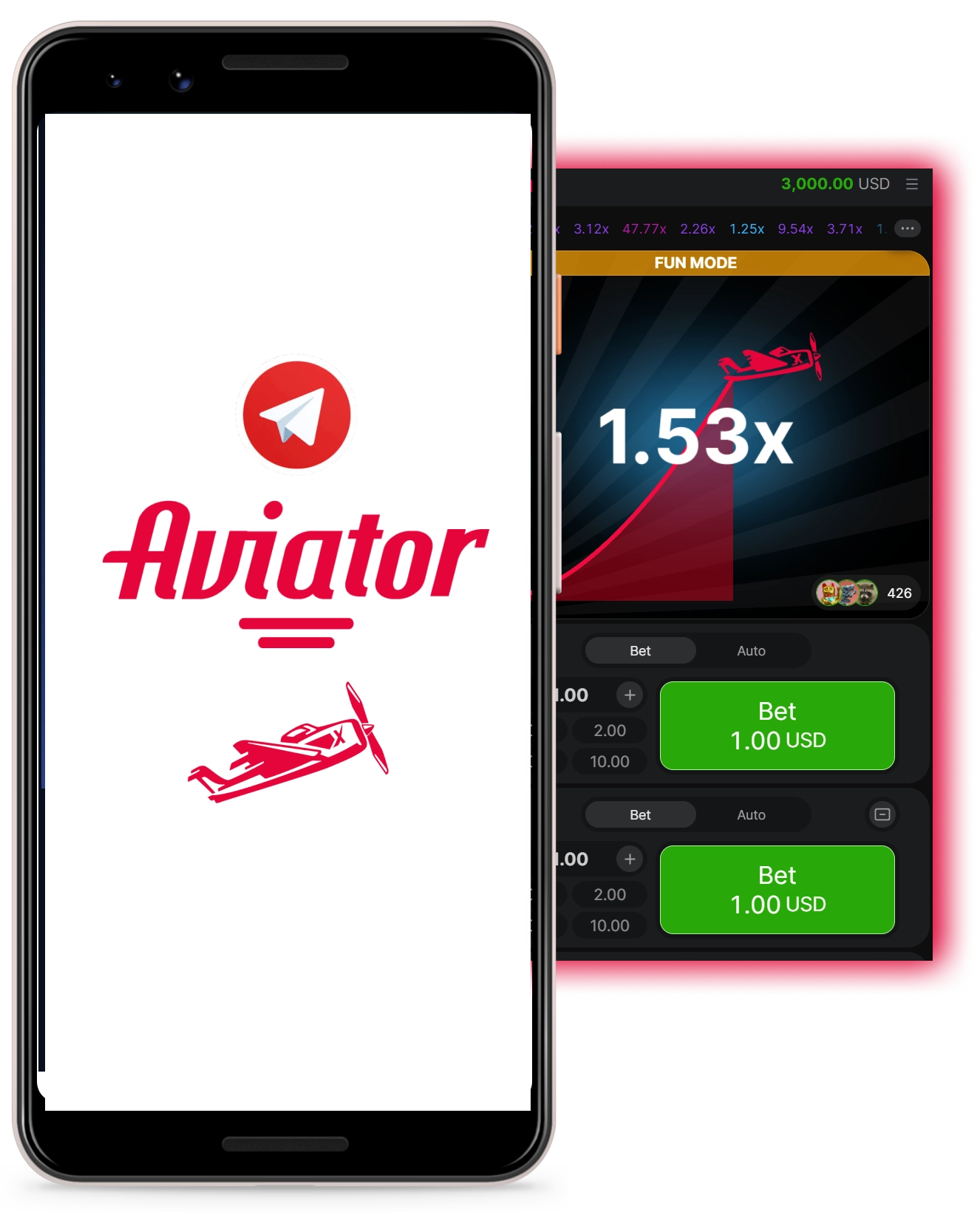 on the phone screen the inscription Aviator and the red Telegram logo, on the phone a screenshot of the game Aviator