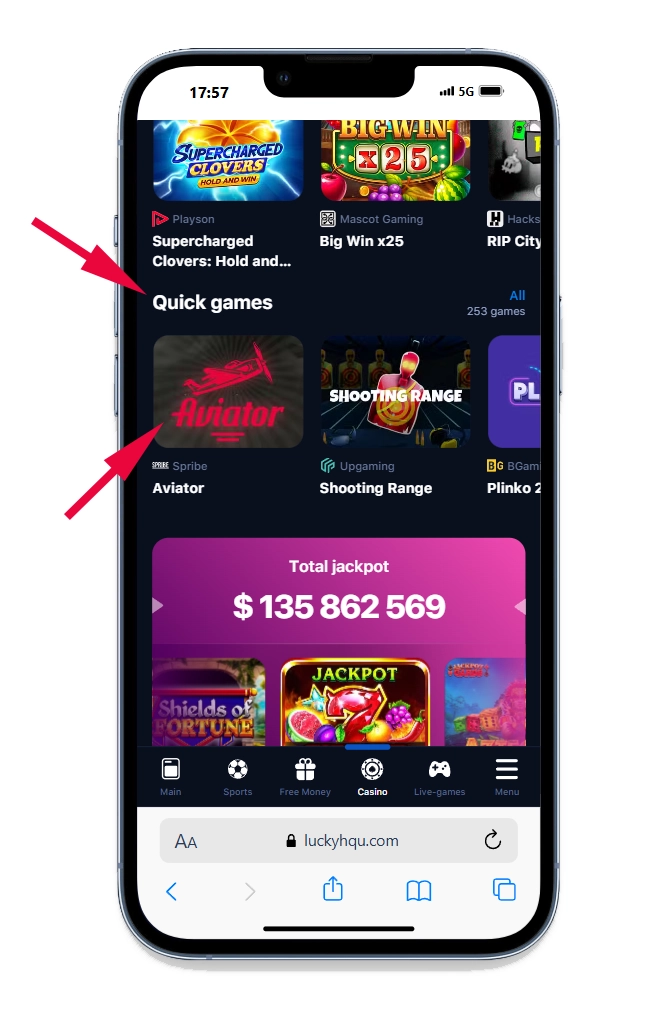 The arrows show where on the site you can find the game Aviator