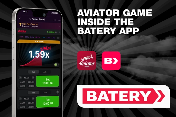 on the phone screen the game Aviator, next to the game logo and the Batery logo
