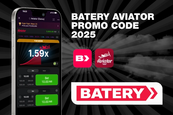 on the phone screen there is a page from the Batery website, next to it the inscription Batery Aviator Promo Code for 2025 and the logo of the Aviator game
