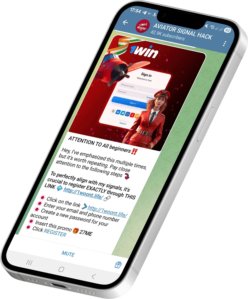 Smartphone showing the Aviator Signal Hack Telegram channel with a female pilot in a red uniform beside a red airplane and step-by-step instructions for Aviator game signals.