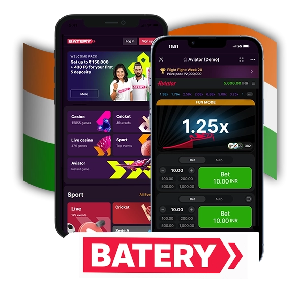 two phones on the background of the Indian flag, on the phone the interface of the Batery website. Under the phone a large Batery logo
