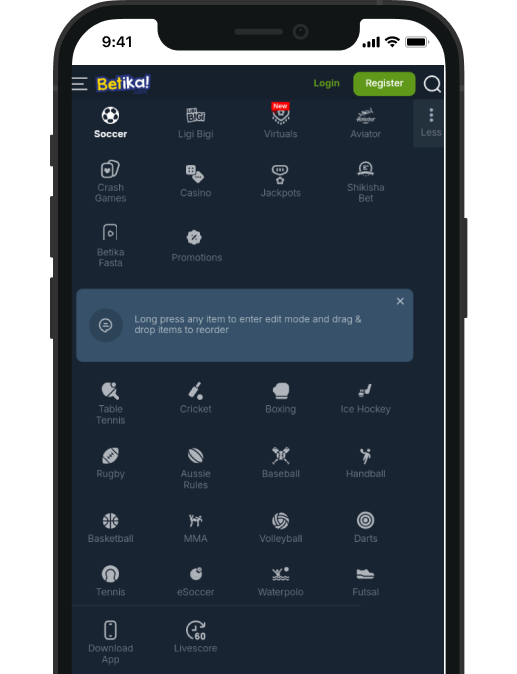 On the phone screen, a list of categories on the Betika website