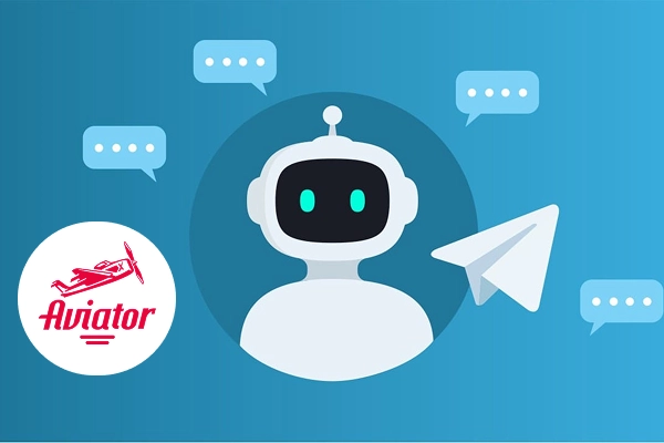 on a blue background, an image of a robot and the Telegram app logo