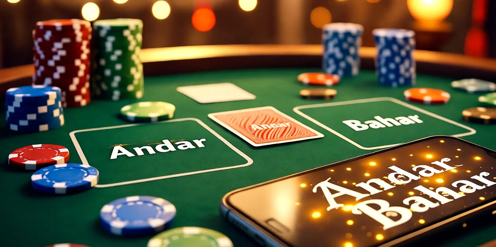 Andar Bahar table game with playing cards, colorful chips, and smartphone