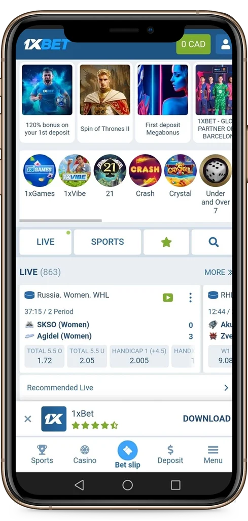 1xBet homepage interface